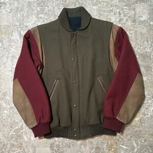 Vintage Lacoste Jacket Mens Small Green Varsity Colorblock Wool Leather Full Zip